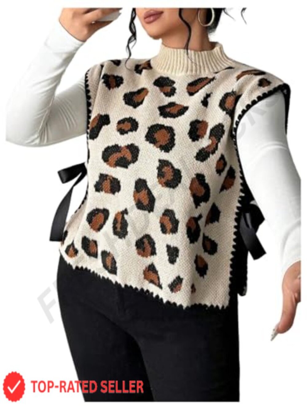 Plus Size Leopard Sweater Vest Sleeveless Mock Neck Knit Bow Tie